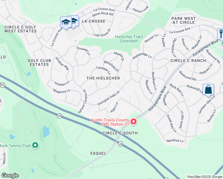 map of restaurants, bars, coffee shops, grocery stores, and more near 6613 Casimir Cove in Austin