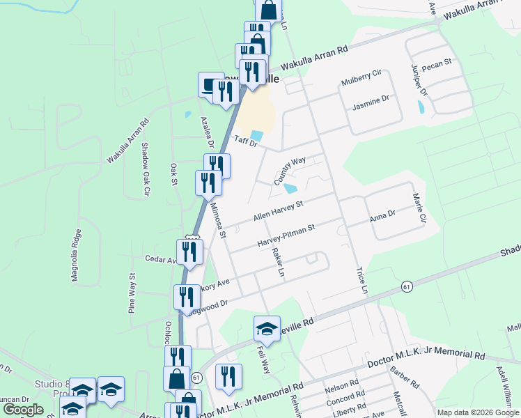map of restaurants, bars, coffee shops, grocery stores, and more near 58 Allen Harvey Street in Crawfordville