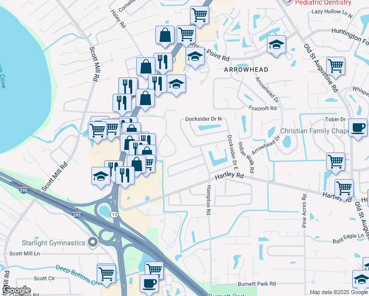 map of restaurants, bars, coffee shops, grocery stores, and more near 10485 Big Tree Circle East in Jacksonville
