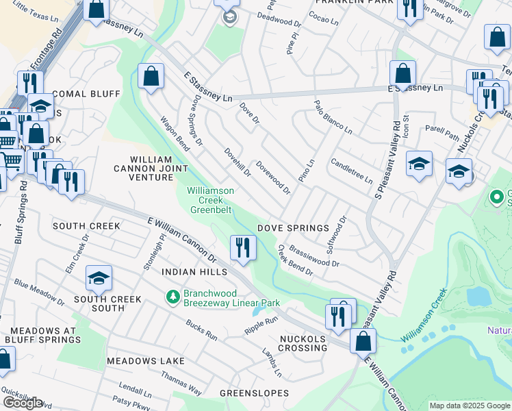 map of restaurants, bars, coffee shops, grocery stores, and more near 4405 Dove Springs Drive in Austin