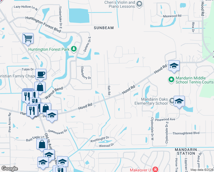 map of restaurants, bars, coffee shops, grocery stores, and more near 4602 Maple Lakes Drive in Jacksonville