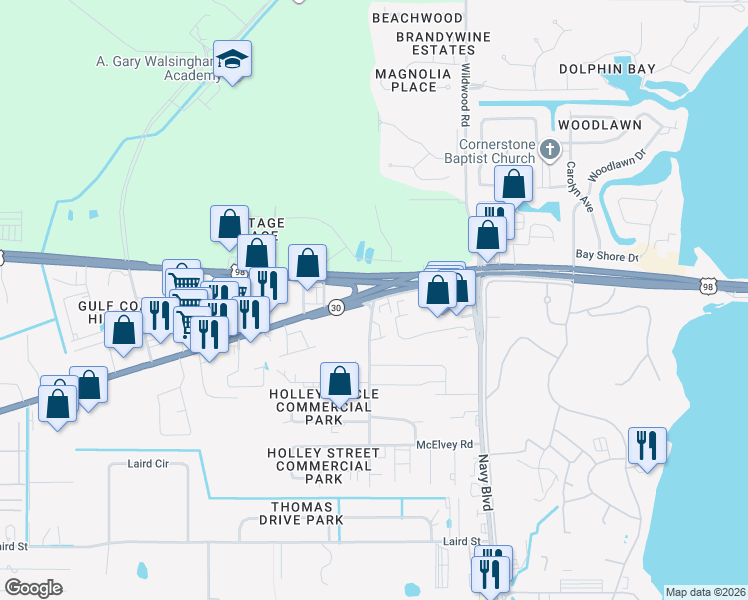 map of restaurants, bars, coffee shops, grocery stores, and more near 7889 Holley Lane in Panama City