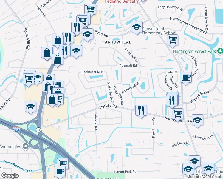 map of restaurants, bars, coffee shops, grocery stores, and more near 10451 Docksider Drive East in Jacksonville