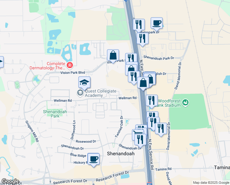 map of restaurants, bars, coffee shops, grocery stores, and more near 127 Chatsworth Lane in Shenandoah