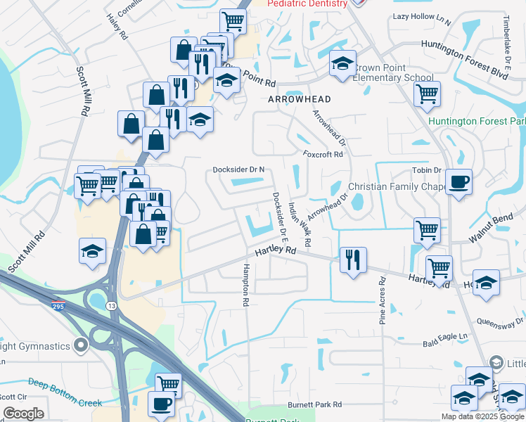 map of restaurants, bars, coffee shops, grocery stores, and more near 10439 Spindrift Lane in Jacksonville