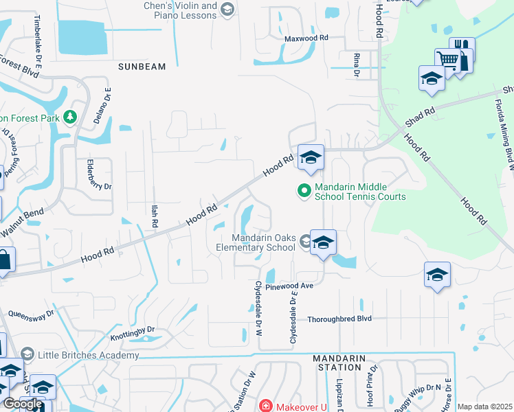 map of restaurants, bars, coffee shops, grocery stores, and more near 10382 Deerfoot Lane North in Jacksonville