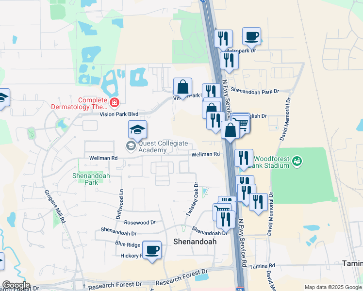 map of restaurants, bars, coffee shops, grocery stores, and more near 127 Chatsworth Lane in Shenandoah