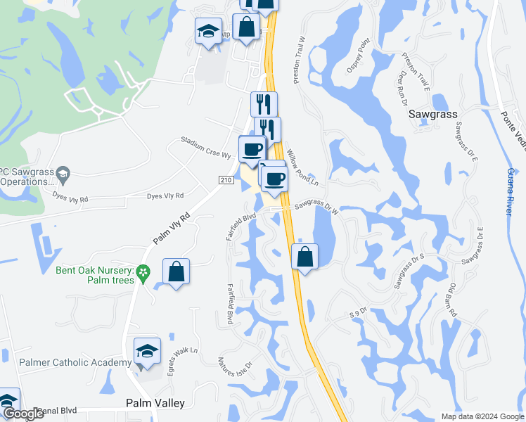 map of restaurants, bars, coffee shops, grocery stores, and more near 50 Fairfield Boulevard in Ponte Vedra Beach
