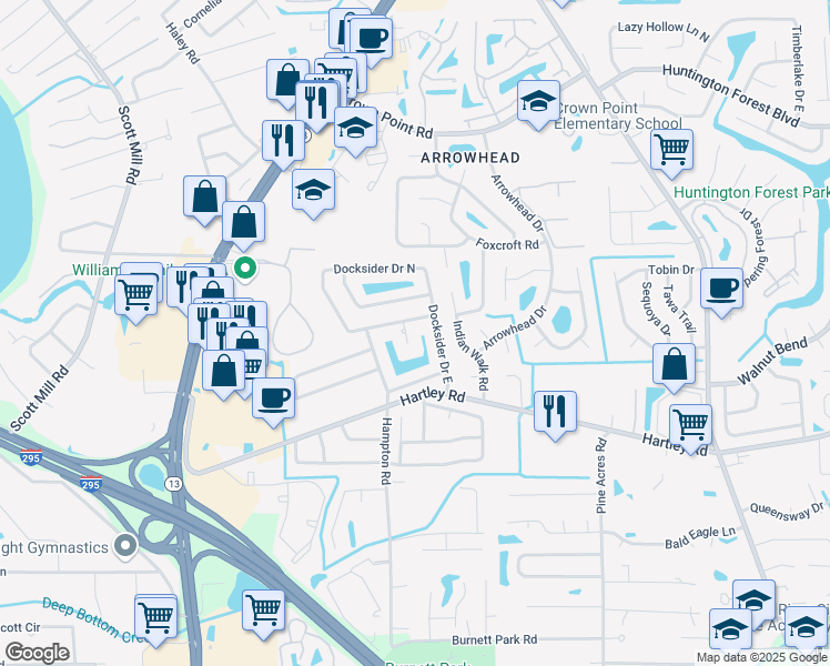 map of restaurants, bars, coffee shops, grocery stores, and more near 10439 Spindrift Lane in Jacksonville
