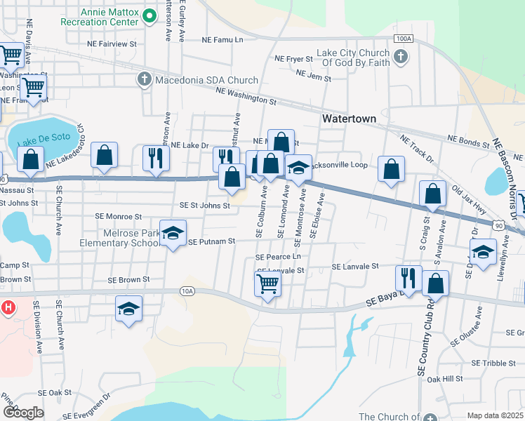 map of restaurants, bars, coffee shops, grocery stores, and more near 1120 Southeast Saint Johns Street in Lake City