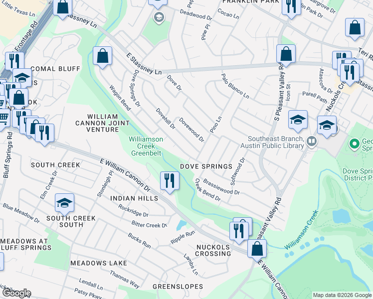 map of restaurants, bars, coffee shops, grocery stores, and more near 4405 Dove Springs Drive in Austin
