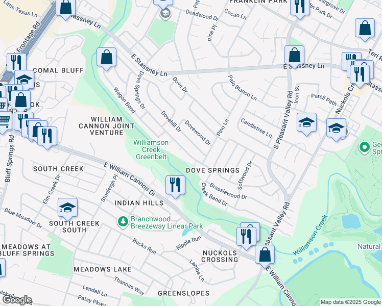 map of restaurants, bars, coffee shops, grocery stores, and more near 4405 Dove Springs Drive in Austin