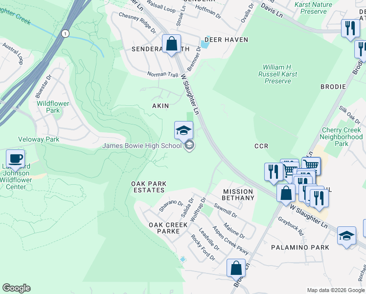 map of restaurants, bars, coffee shops, grocery stores, and more near 4103 West Slaughter Lane in Austin