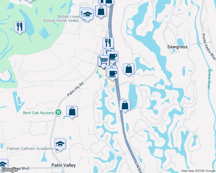 map of restaurants, bars, coffee shops, grocery stores, and more near 50 Fairfield Boulevard in Ponte Vedra Beach