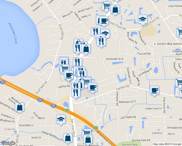 map of restaurants, bars, coffee shops, grocery stores, and more near 10440 Big Tree Circle West in Jacksonville