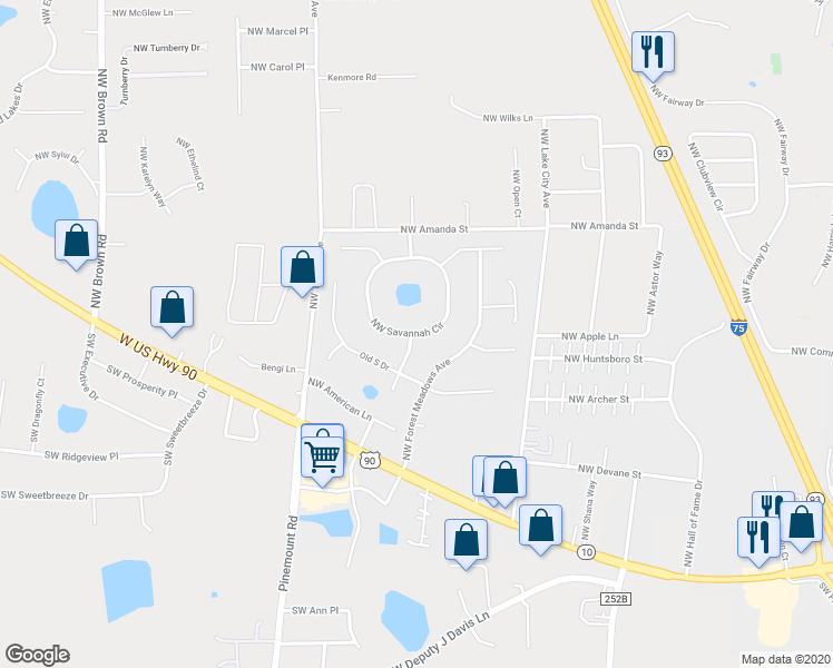 map of restaurants, bars, coffee shops, grocery stores, and more near 6736 Northwest Savannah Circle in Lake City