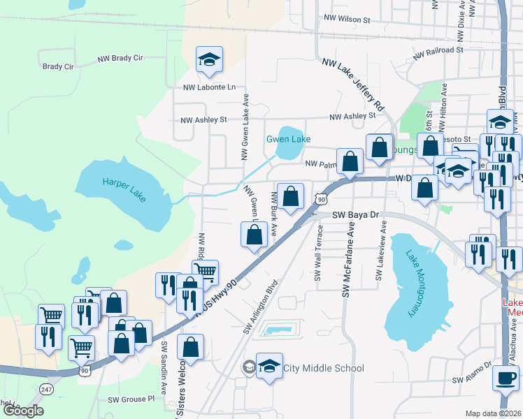 map of restaurants, bars, coffee shops, grocery stores, and more near 289 Northwest Gwen Lake Avenue in Lake City