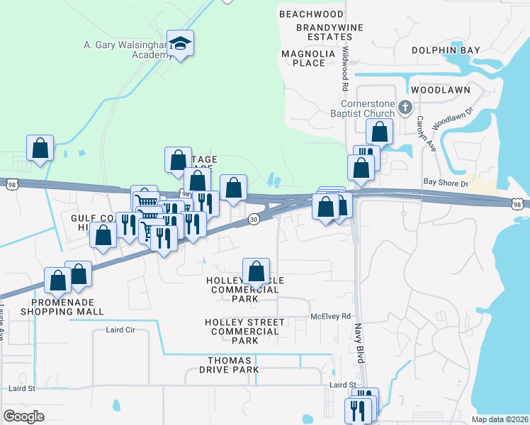 map of restaurants, bars, coffee shops, grocery stores, and more near 5210 Front Beach Road in Panama City Beach