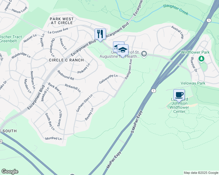 map of restaurants, bars, coffee shops, grocery stores, and more near 5709 Trelawney Lane in Austin