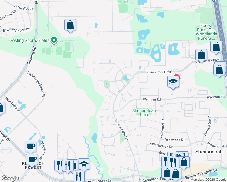 map of restaurants, bars, coffee shops, grocery stores, and more near 2 Tapestry Park Drive in The Woodlands