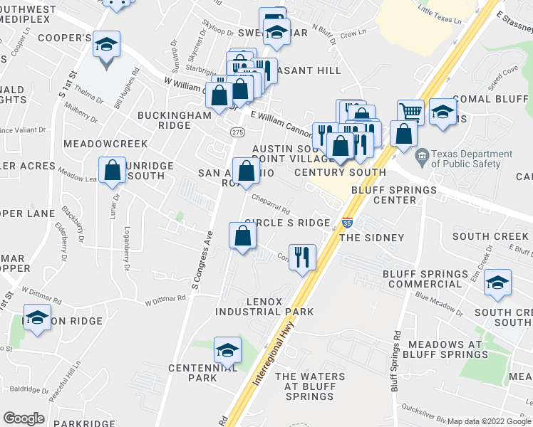 map of restaurants, bars, coffee shops, grocery stores, and more near 303 Chaparral Road in Austin