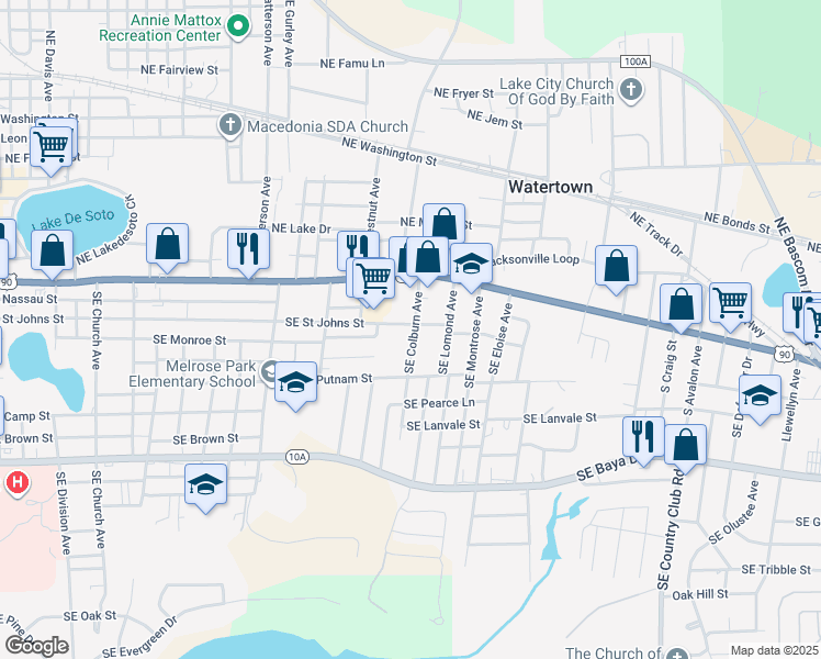 map of restaurants, bars, coffee shops, grocery stores, and more near 1120 Southeast Saint Johns Street in Lake City