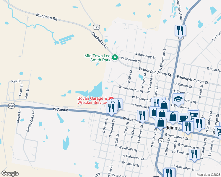 map of restaurants, bars, coffee shops, grocery stores, and more near 411 North Dallas Street in Giddings