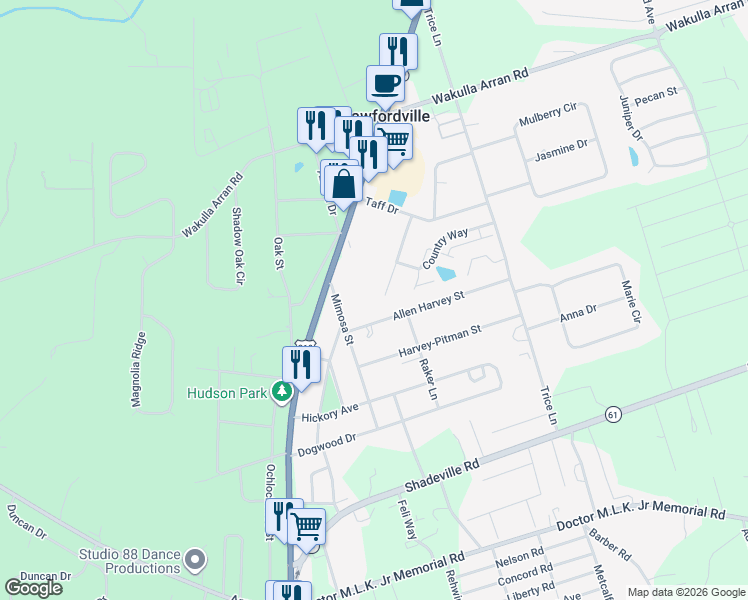 map of restaurants, bars, coffee shops, grocery stores, and more near 70 Commodore Place in Crawfordville
