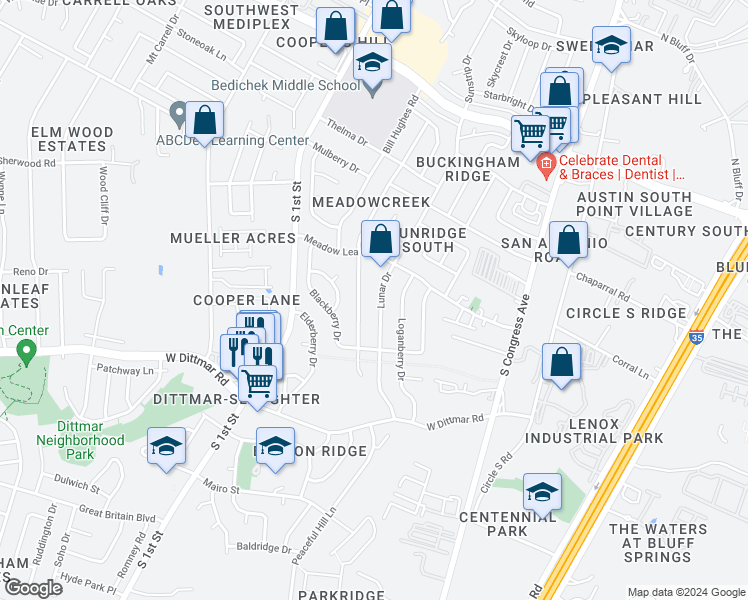 map of restaurants, bars, coffee shops, grocery stores, and more near 7310 Lunar Drive in Austin