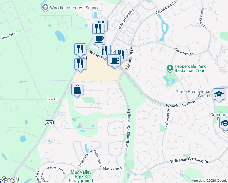 map of restaurants, bars, coffee shops, grocery stores, and more near 22 Wickerdale Place in Spring
