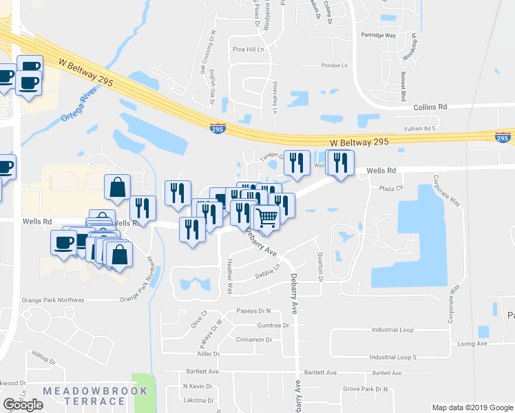 map of restaurants, bars, coffee shops, grocery stores, and more near 1677 Wells Rd in Orange Park