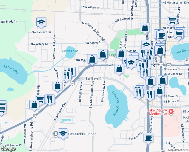 map of restaurants, bars, coffee shops, grocery stores, and more near 211 Southwest McFarlane Avenue in Lake City