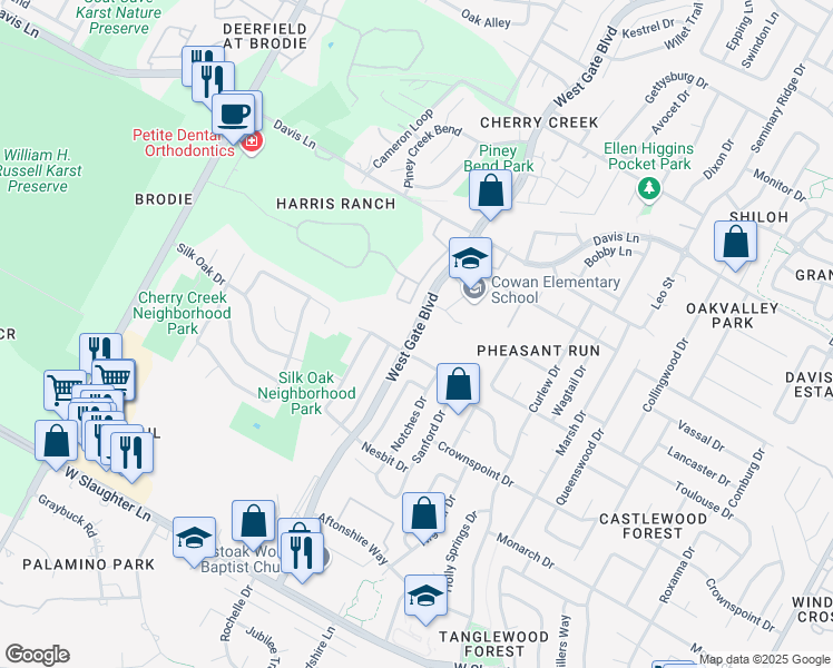 map of restaurants, bars, coffee shops, grocery stores, and more near West Gate Boulevard in Austin