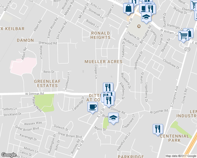 map of restaurants, bars, coffee shops, grocery stores, and more near 7513 Cooper Lane in Austin
