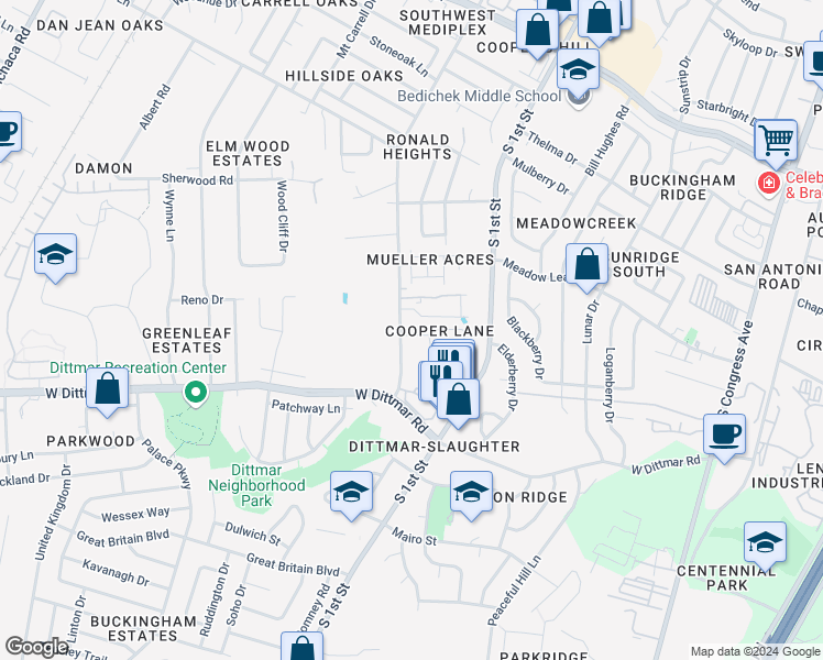 map of restaurants, bars, coffee shops, grocery stores, and more near 7513 Cooper Lane in Austin