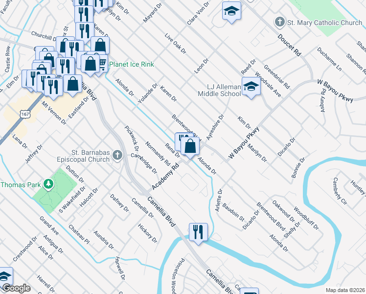 map of restaurants, bars, coffee shops, grocery stores, and more near 355 Rena Drive in Lafayette