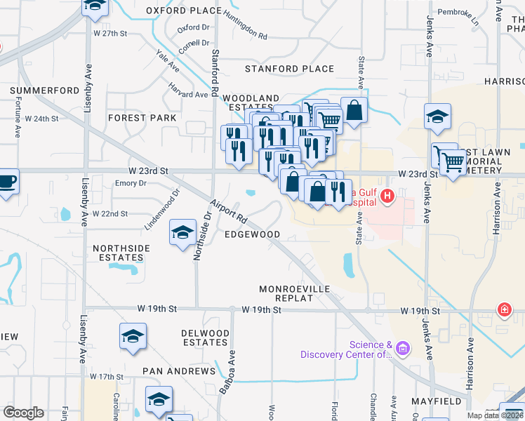 map of restaurants, bars, coffee shops, grocery stores, and more near 2223 Edgewood Drive in Panama City