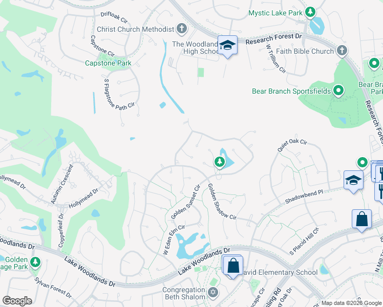 map of restaurants, bars, coffee shops, grocery stores, and more near 15 Golden Thrush Pl in Spring
