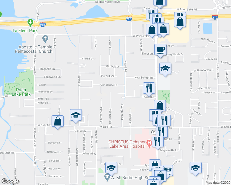 map of restaurants, bars, coffee shops, grocery stores, and more near 2170 Aryn Lane in Lake Charles
