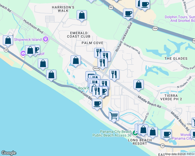 map of restaurants, bars, coffee shops, grocery stores, and more near N Richard Jackson Boulevard in Panama City Beach