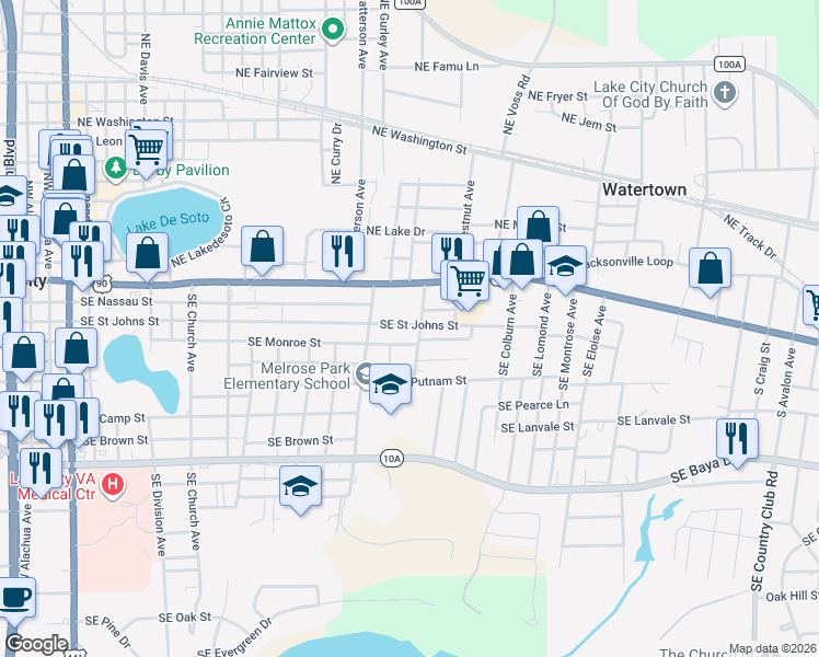 map of restaurants, bars, coffee shops, grocery stores, and more near 841 Southeast Monroe Street in Lake City