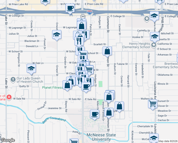 map of restaurants, bars, coffee shops, grocery stores, and more near 308 East Claude Street in Lake Charles