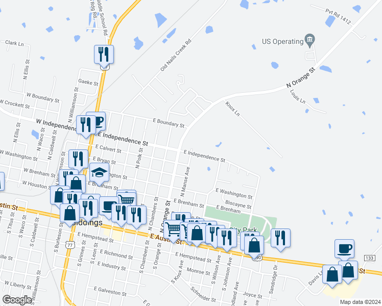 map of restaurants, bars, coffee shops, grocery stores, and more near 1027 East Independence Street in Giddings