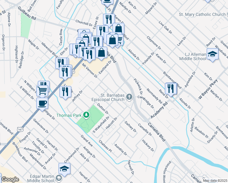 map of restaurants, bars, coffee shops, grocery stores, and more near 507 Daniel Drive in Lafayette
