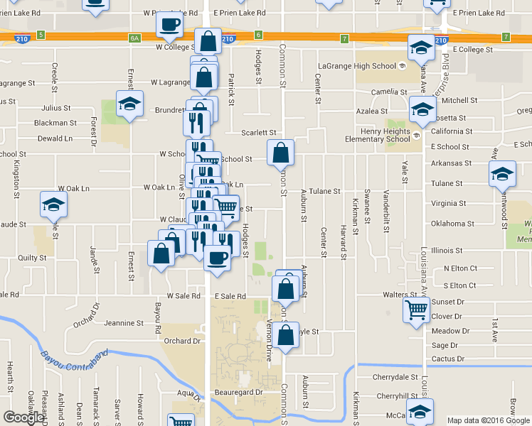 map of restaurants, bars, coffee shops, grocery stores, and more near 3902 Common Street in Lake Charles