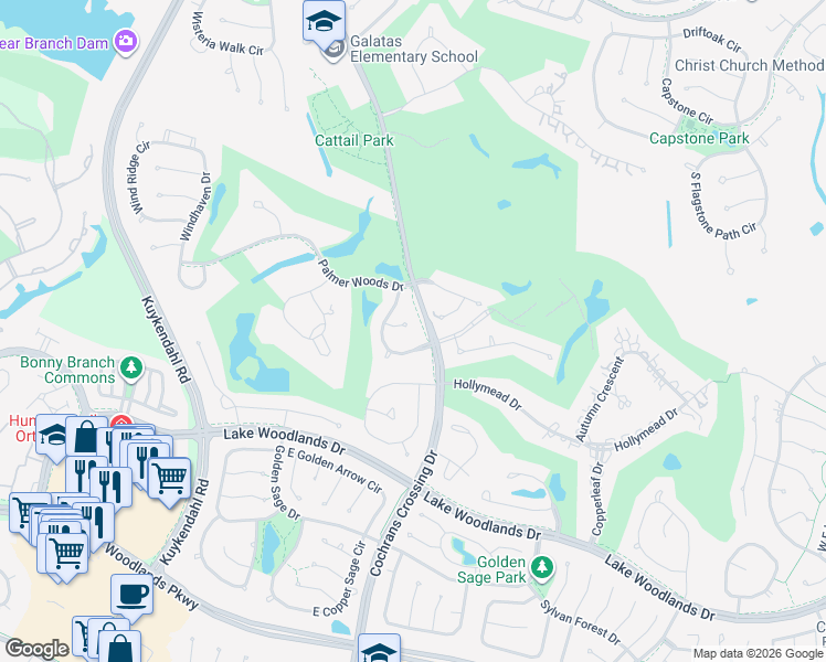 map of restaurants, bars, coffee shops, grocery stores, and more near 6 Stone Springs Circle in Spring