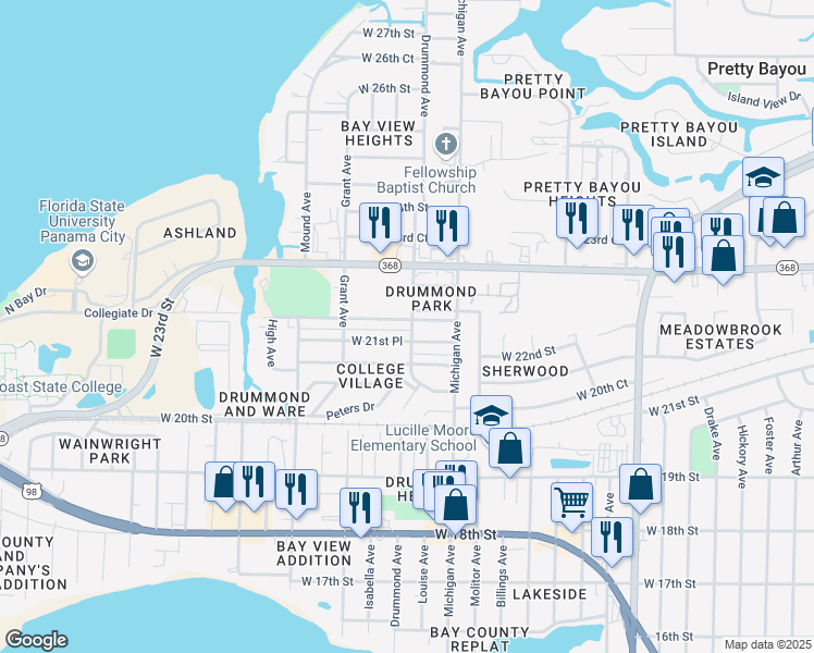 map of restaurants, bars, coffee shops, grocery stores, and more near 3713 West 21st Place in Panama City