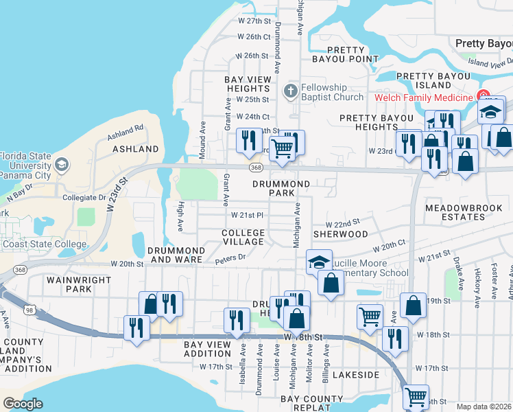 map of restaurants, bars, coffee shops, grocery stores, and more near 3922 West 21st Place in Panama City