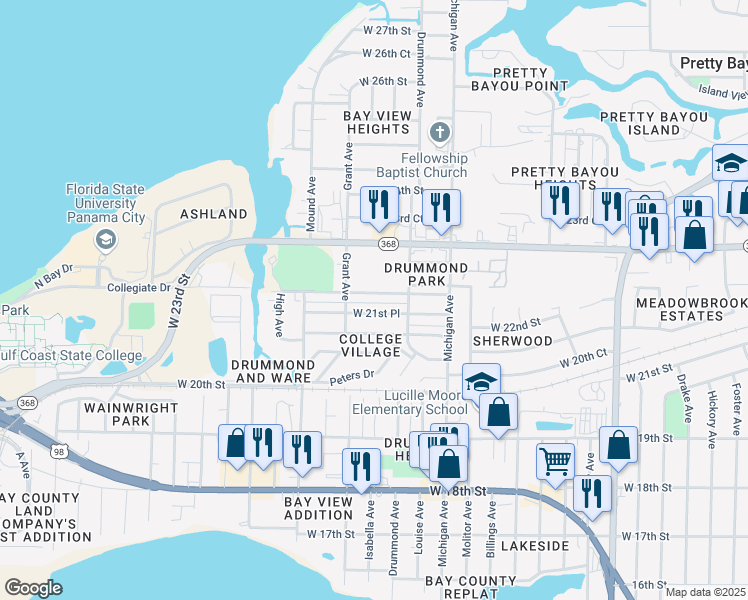 map of restaurants, bars, coffee shops, grocery stores, and more near 3922 West 21st Place in Panama City