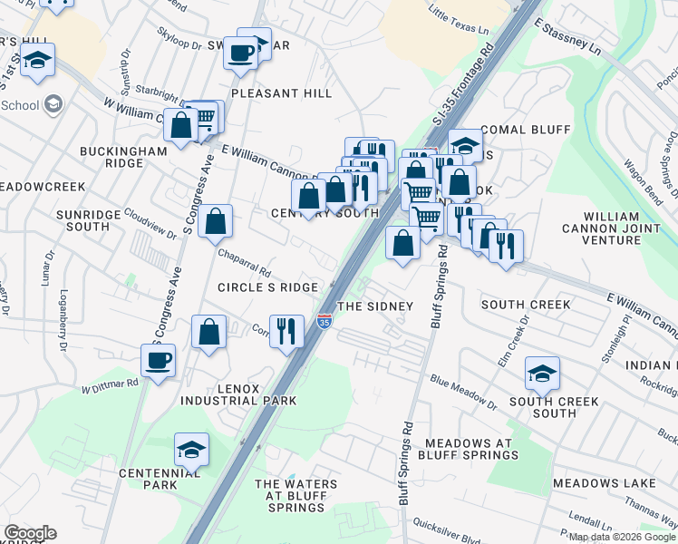map of restaurants, bars, coffee shops, grocery stores, and more near 6905 Interstate 35 in Austin
